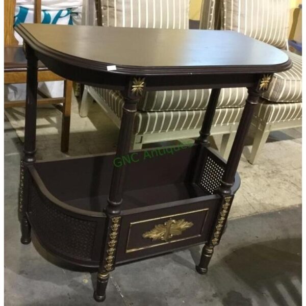 Vintage Solid Wood Side Table with Wicker Basket Shelf and Gold Leaf Accents