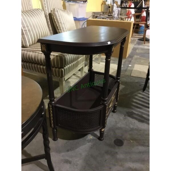 Vintage Solid Wood Side Table with Wicker Basket Shelf and Gold Leaf Accents - Image 2