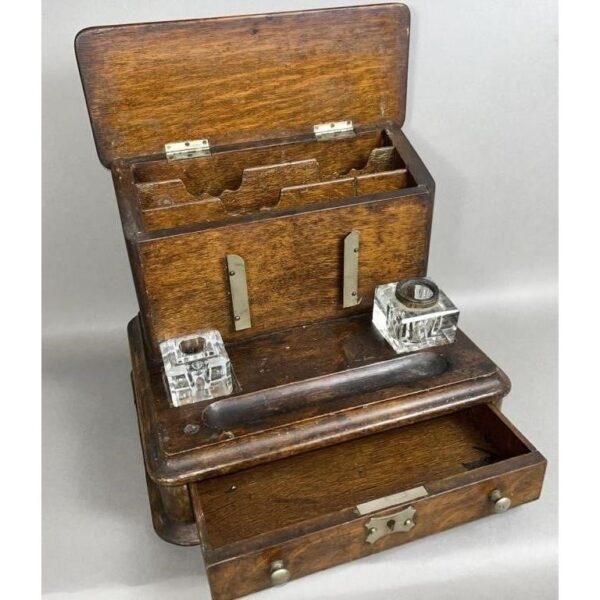 Vintage Victorian Writing Cabinet with Inkwells and Drawer - Image 2