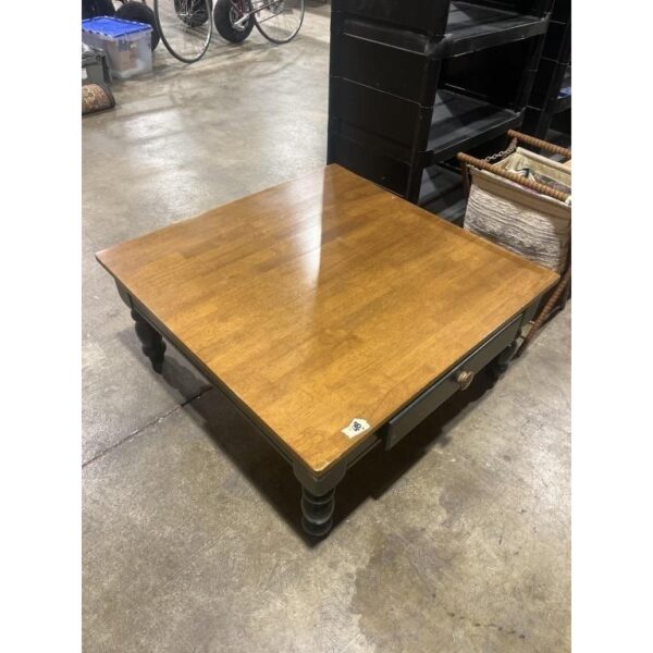 Vintage Square Coffee Table with Drawer, Rustic Mid Century Modern Accent Piece, Wood Finish